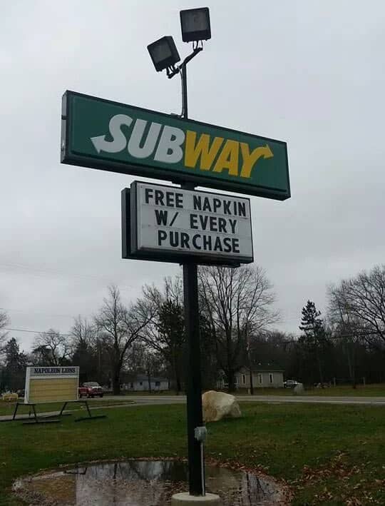 funny Subway sign free napkin