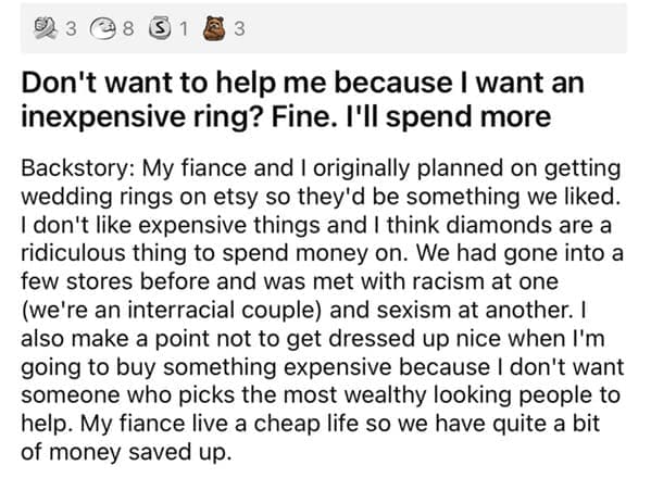 Jewelry store cheap customers, chad story, story on reddit about diamond ring shopping goes viral, petty revenge, Reddit