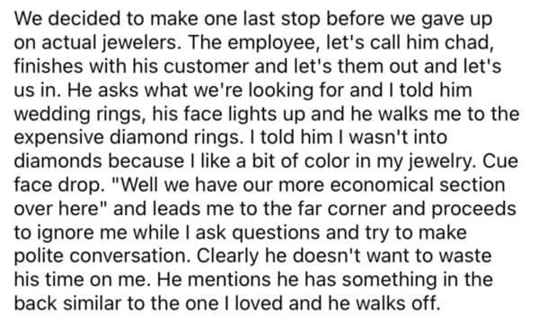 Jewelry store cheap customers, chad story, story on reddit about diamond ring shopping goes viral, petty revenge, Reddit
