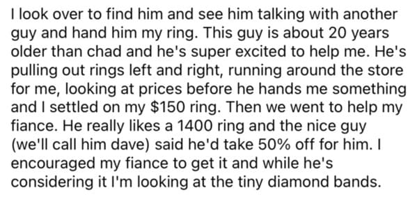 Jewelry store cheap customers, chad story, story on reddit about diamond ring shopping goes viral, petty revenge, Reddit