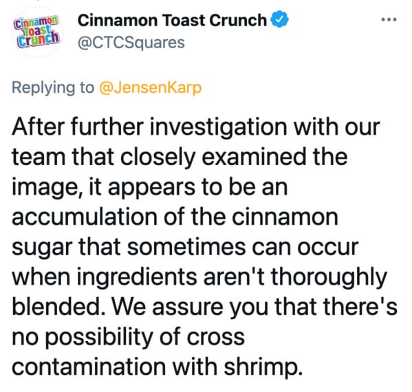 Cinnamon Toast Crunch shrimp tails, funny twitter thread about cereal and shrimp, fishy, gross, companies on twitter, cereal with mouse poop in it, gross things found in food, Jensen karp