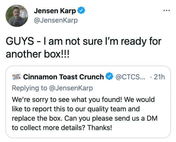 Cinnamon Toast Crunch shrimp tails, funny twitter thread about cereal and shrimp, fishy, gross, companies on twitter, cereal with mouse poop in it, gross things found in food, Jensen karp