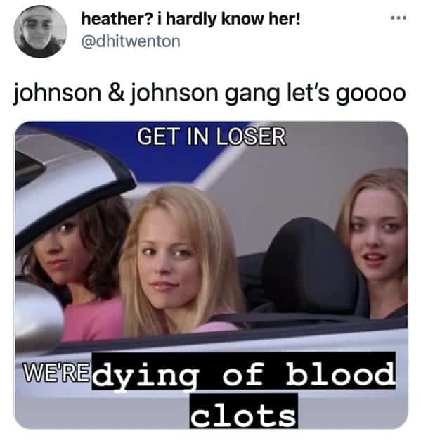 Funny memes about the Johnson and Johnson vaccine, J and J, Johnson vaccine, covid jokes, blood clots, pause on coronavirus vaccine, funny tweets, twitter memes, joke, lol