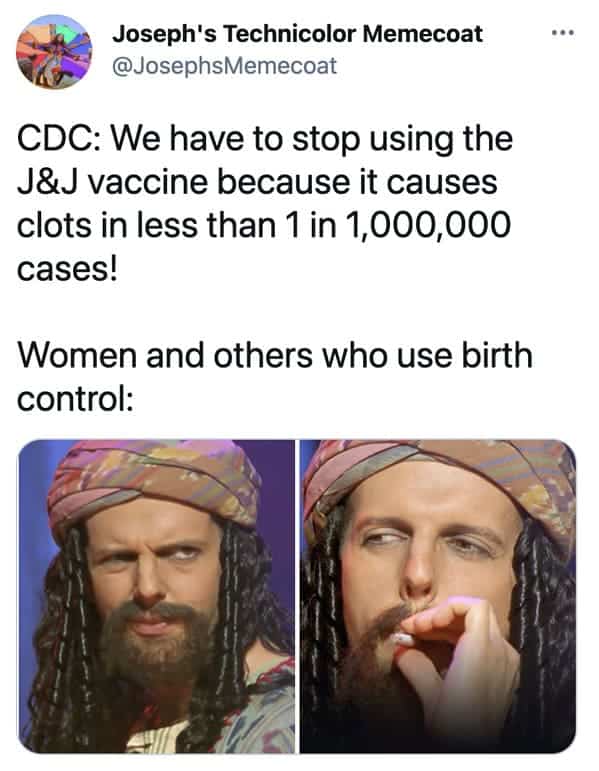 Funny memes about the Johnson and Johnson vaccine, J and J, Johnson vaccine, covid jokes, blood clots, pause on coronavirus vaccine, funny tweets, twitter memes, joke, lol